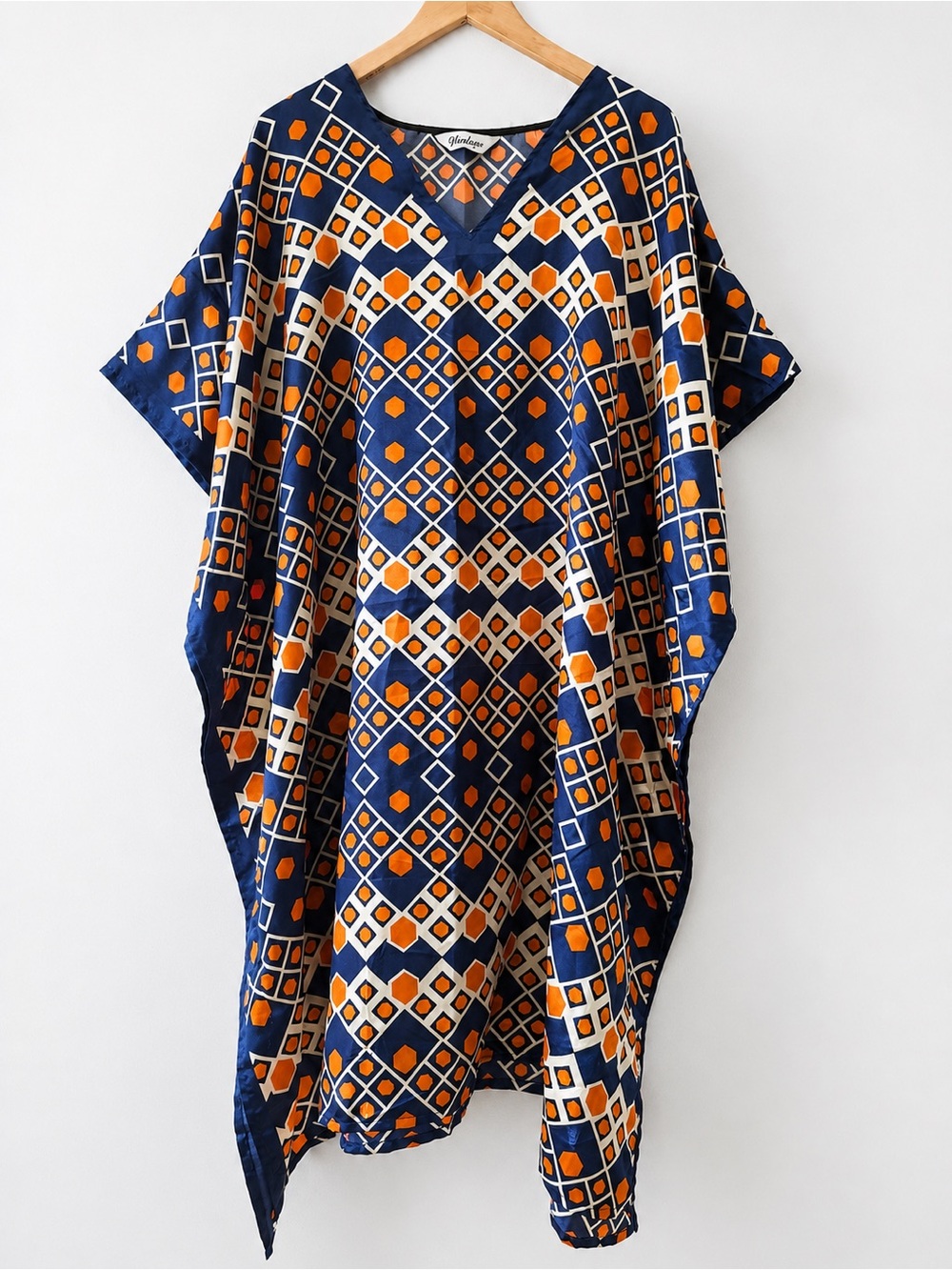 Winlar Geometric Kaftan Tunic Cover Up Navy Orange One Size Boho Resort Beach - Picture 2 of 7